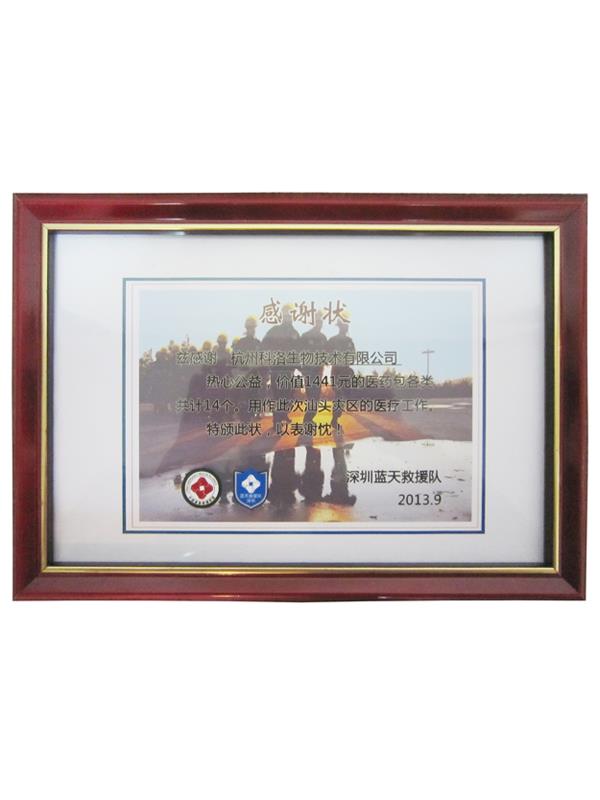 藍天救援隊捐贈證書